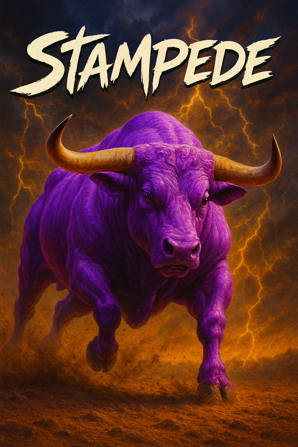 Bold purple bull charging through lightning